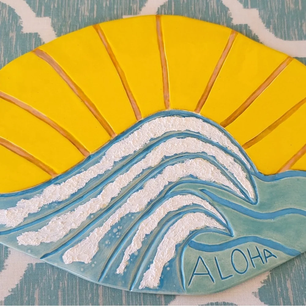 Hand Crafted Aloha Sun & Wave Hand painted Fire-kiln ceramic wall art Maui Made